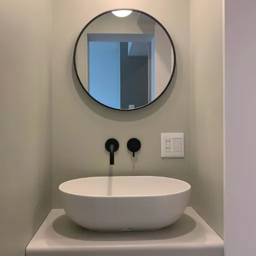 写真：壁に丸い鏡が付いている洗面台