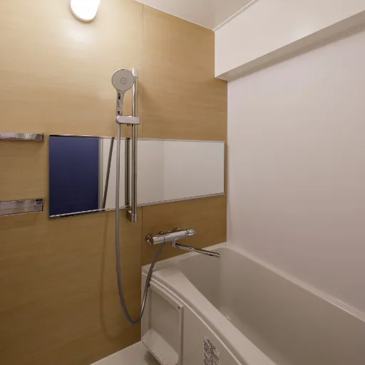 写真：広い浴槽とシャワー、壁に鏡が取りつけてある浴室